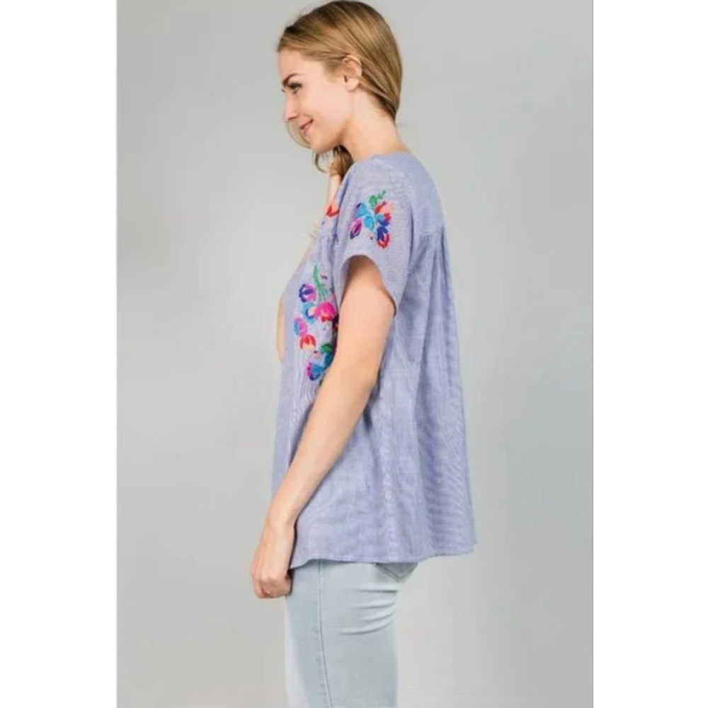 Embroidered Floral Peasant Blouse | Short Sleeve Boho Top - Picture 3 of 14